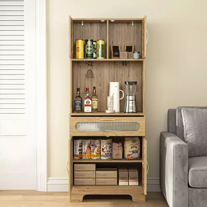 Credenza alta a colonna indipendente da 170/180 cm, mobile bar, credenza a buffet per cucina e sala da pranzo, naturale 4A - ModernLuxe