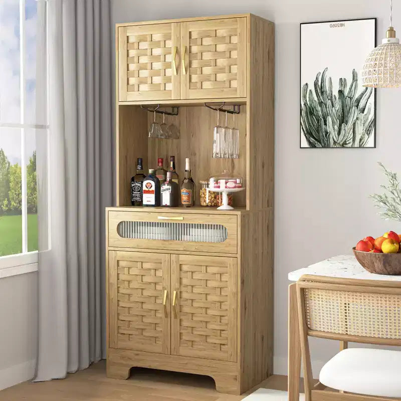 Credenza alta a colonna indipendente da 170/180 cm, mobile bar, credenza a buffet per cucina e sala da pranzo, naturale 4A - ModernLuxe