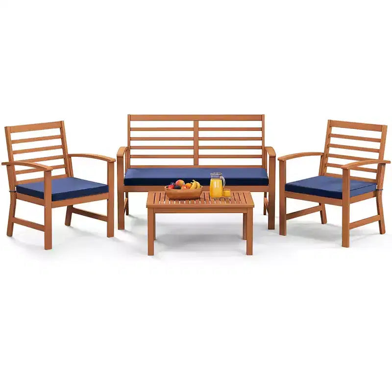 Costway Ensemble de Meubles d'extérieur 4 Pièces avec Coussins Souples Cadre en Bois d'Acacia Stable Blanc/Marine/Gris