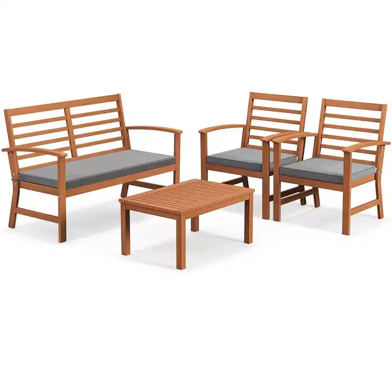 Costway Ensemble de Meubles d'extérieur 4 Pièces avec Coussins Souples Cadre en Bois d'Acacia Stable Blanc/Marine/Gris