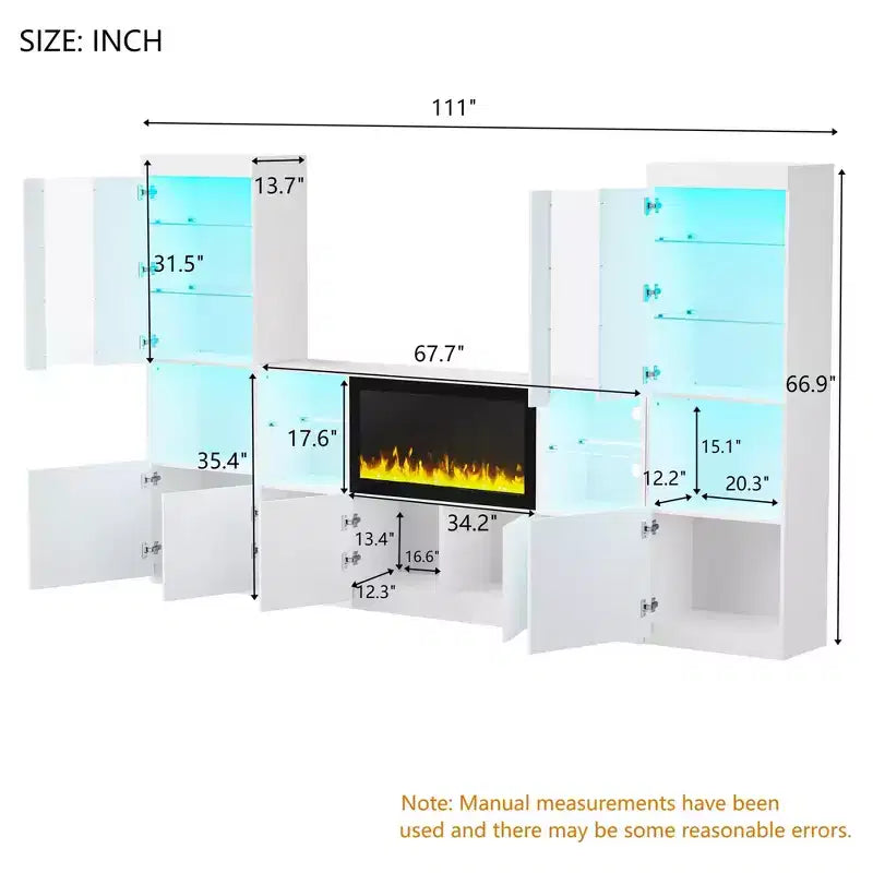 Meuble TV moderne avec lumières LED pour téléviseur de 75 pouces, table console multimédia avec étagères en verre trempé et foyer non chauffant