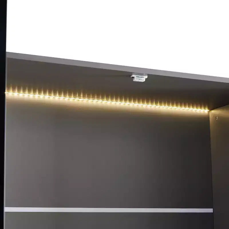 Vitrine éclairée LED Meuble de rangement avec porte en verre trempé, 2 tiroirs, étagères réglables, Moderne Minimaliste, Gris-ModernLuxe
