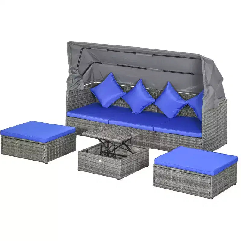 Outsunny Set Divano Rattan da Esterno a 4 Pezzi con Tettuccio Regolabile, Salotto da Giardino in Vimini con Tavolino Regolabile in Altezza e Cuscini