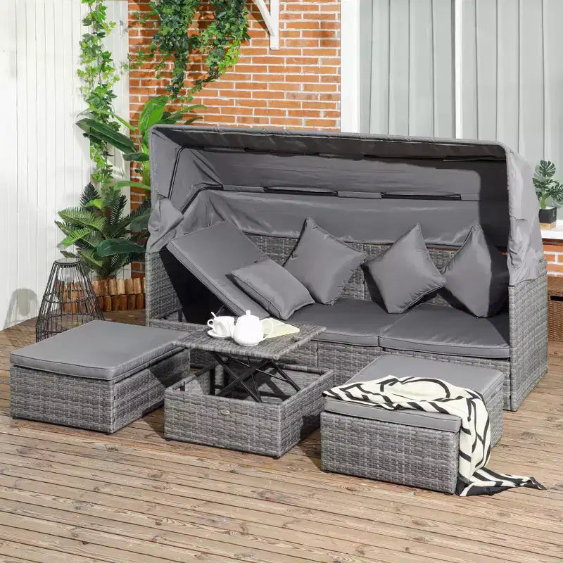 Outsunny Set Divano Rattan da Esterno a 4 Pezzi con Tettuccio Regolabile, Salotto da Giardino in Vimini con Tavolino Regolabile in Altezza e Cuscini
