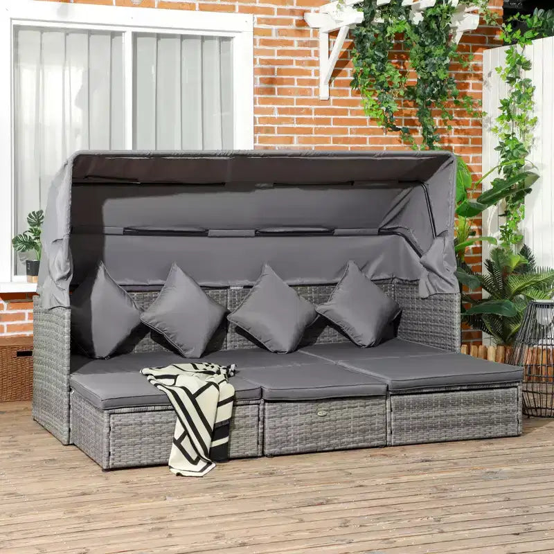 Outsunny Set Divano Rattan da Esterno a 4 Pezzi con Tettuccio Regolabile, Salotto da Giardino in Vimini con Tavolino Regolabile in Altezza e Cuscini