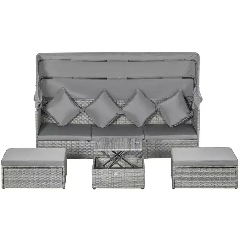 Outsunny Set Divano Rattan da Esterno a 4 Pezzi con Tettuccio Regolabile, Salotto da Giardino in Vimini con Tavolino Regolabile in Altezza e Cuscini