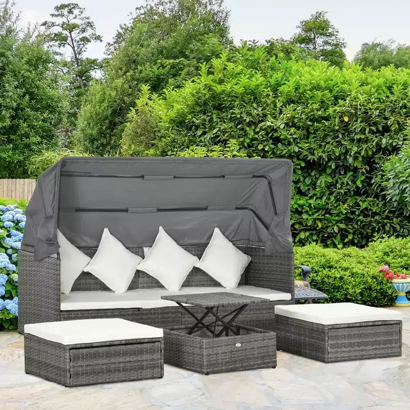 Outsunny Set Divano Rattan da Esterno a 4 Pezzi con Tettuccio Regolabile, Salotto da Giardino in Vimini con Tavolino Regolabile in Altezza e Cuscini