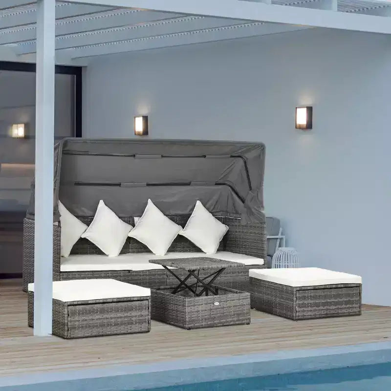 Outsunny Set Divano Rattan da Esterno a 4 Pezzi con Tettuccio Regolabile, Salotto da Giardino in Vimini con Tavolino Regolabile in Altezza e Cuscini