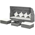 Outsunny Set Divano Rattan da Esterno a 4 Pezzi con Tettuccio Regolabile, Salotto da Giardino in Vimini con Tavolino Regolabile in Altezza e Cuscini