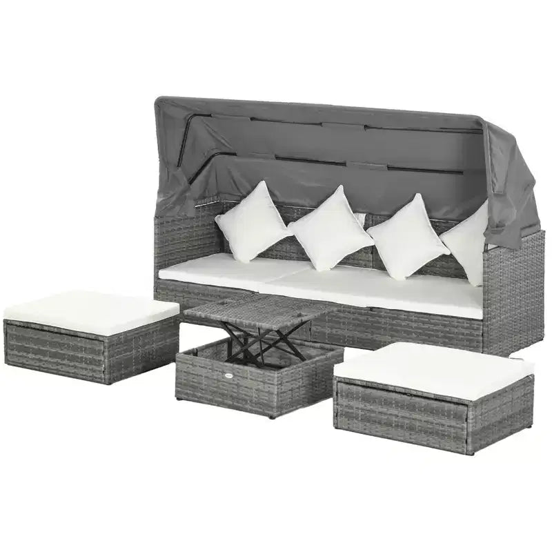 Outsunny Set Divano Rattan da Esterno a 4 Pezzi con Tettuccio Regolabile, Salotto da Giardino in Vimini con Tavolino Regolabile in Altezza e Cuscini