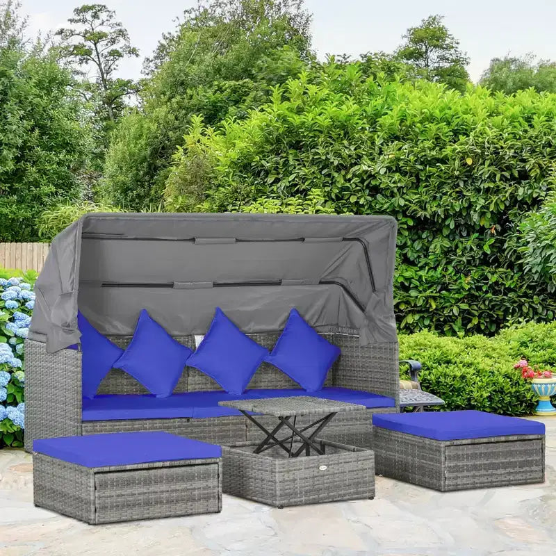 Outsunny Set Divano Rattan da Esterno a 4 Pezzi con Tettuccio Regolabile, Salotto da Giardino in Vimini con Tavolino Regolabile in Altezza e Cuscini