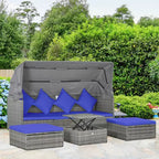 Outsunny Set Divano Rattan da Esterno a 4 Pezzi con Tettuccio Regolabile, Salotto da Giardino in Vimini con Tavolino Regolabile in Altezza e Cuscini