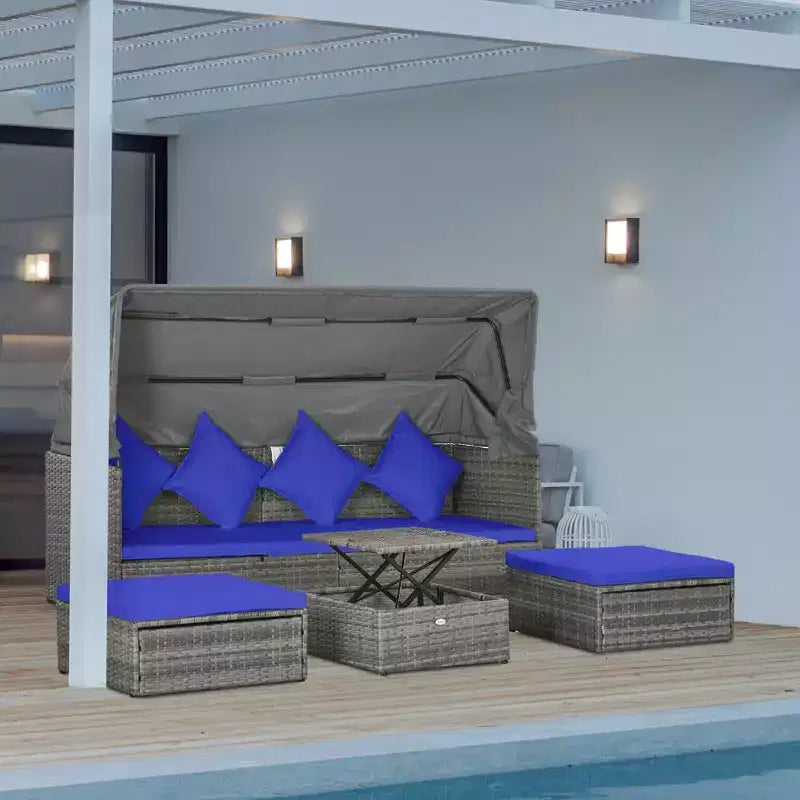 Outsunny Set Divano Rattan da Esterno a 4 Pezzi con Tettuccio Regolabile, Salotto da Giardino in Vimini con Tavolino Regolabile in Altezza e Cuscini