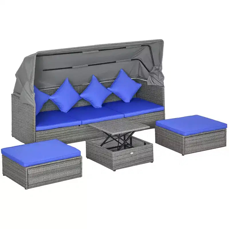 Outsunny Set Divano Rattan da Esterno a 4 Pezzi con Tettuccio Regolabile, Salotto da Giardino in Vimini con Tavolino Regolabile in Altezza e Cuscini