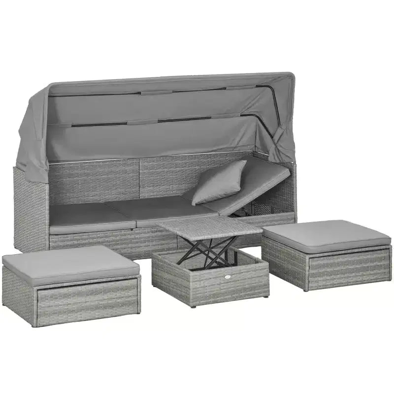 Outsunny Set Divano Rattan da Esterno a 4 Pezzi con Tettuccio Regolabile, Salotto da Giardino in Vimini con Tavolino Regolabile in Altezza e Cuscini