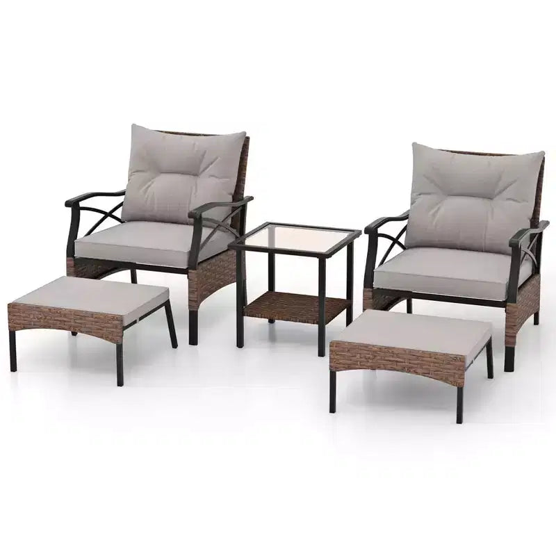 Set da giardino Costway 5 pezzi con tavolino da caffè a 2 livelli e 2 pouf con cuscini inclusi