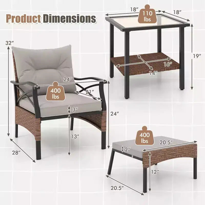 Set da giardino Costway 5 pezzi con tavolino da caffè a 2 livelli e 2 pouf con cuscini inclusi