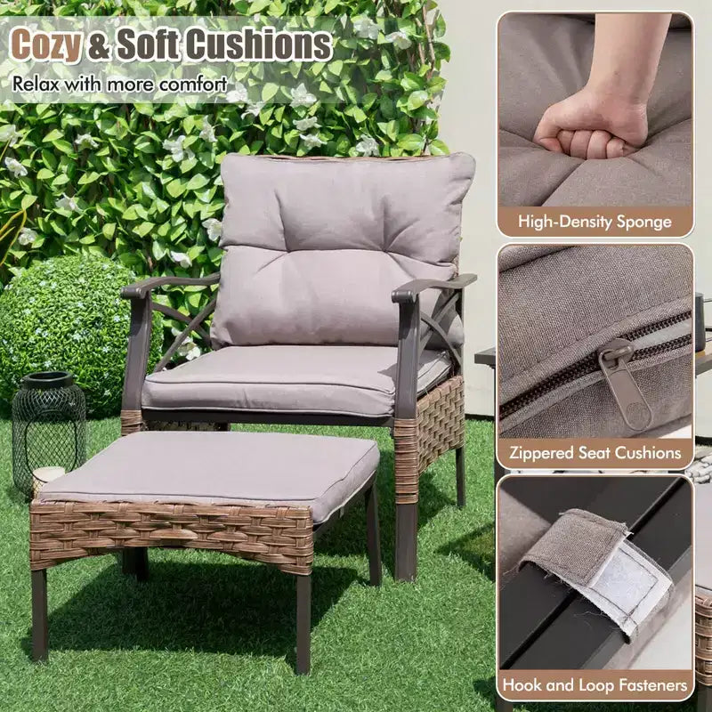 Set da giardino Costway 5 pezzi con tavolino da caffè a 2 livelli e 2 pouf con cuscini inclusi
