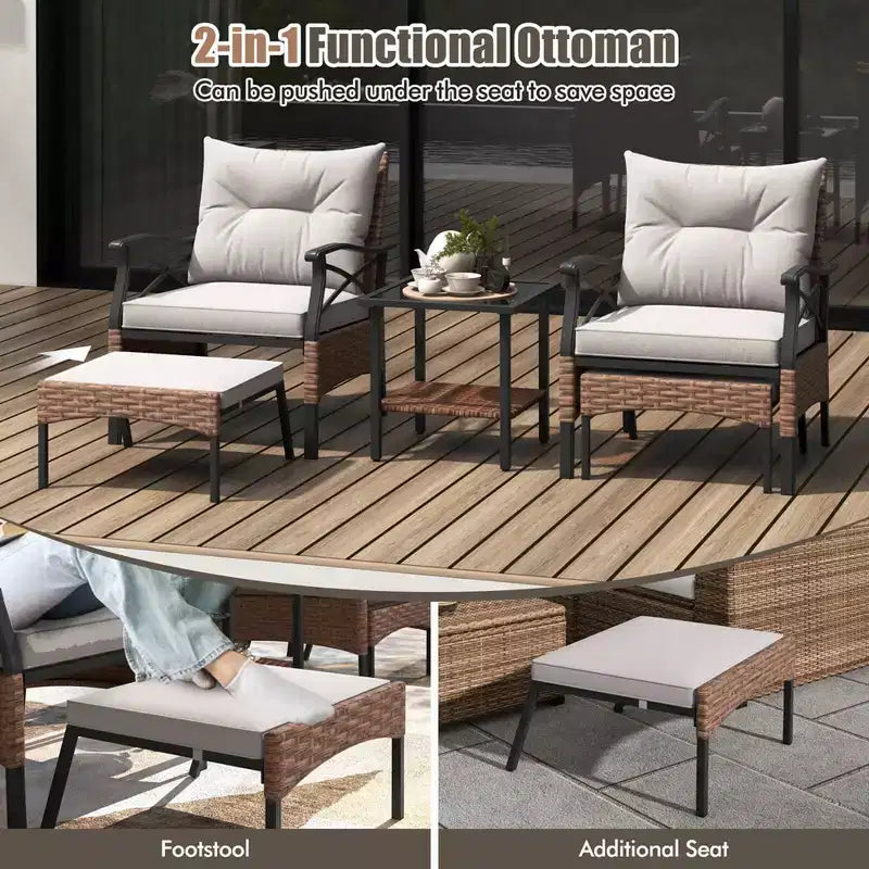 Set da giardino Costway 5 pezzi con tavolino da caffè a 2 livelli e 2 pouf con cuscini inclusi