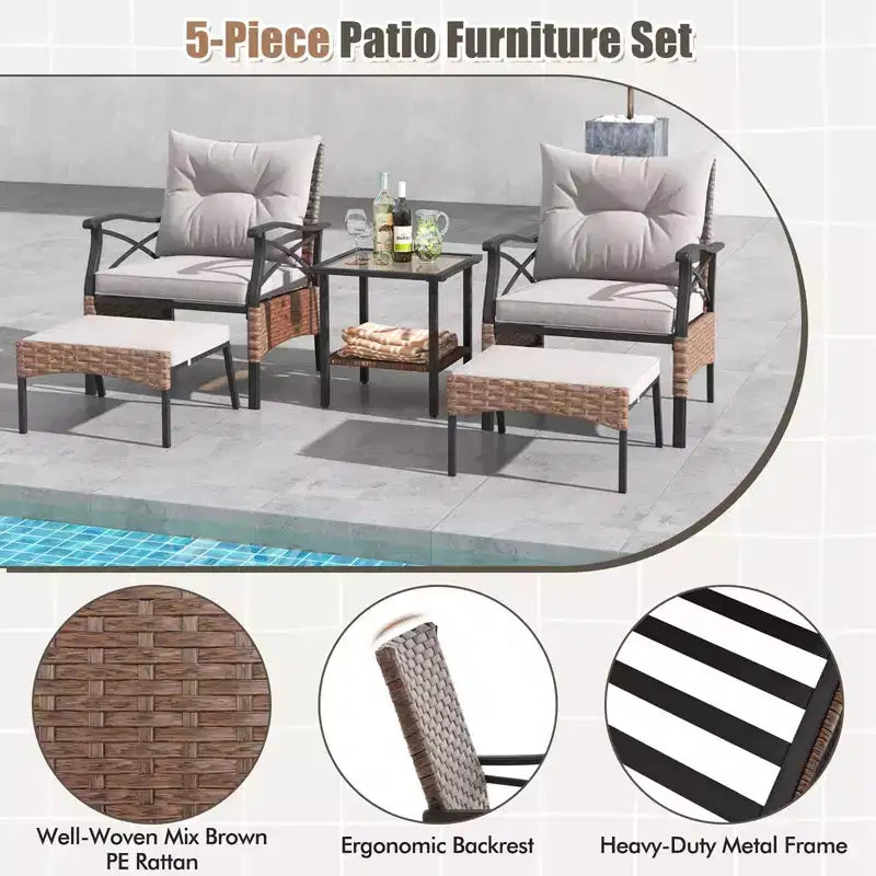 Set da giardino Costway 5 pezzi con tavolino da caffè a 2 livelli e 2 pouf con cuscini inclusi