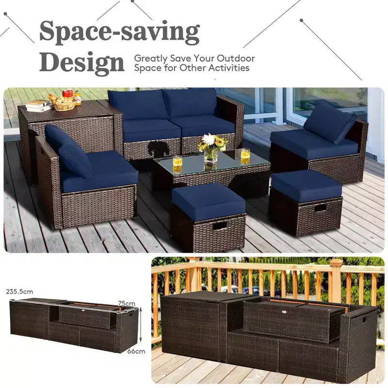 Costway Set Mobili da Esterno in Vimini 8 Pezzi con Contenitore Tavolo in Vetro Temperato 2 Pouf