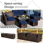 Costway Set Mobili da Esterno in Vimini 8 Pezzi con Contenitore Tavolo in Vetro Temperato 2 Pouf