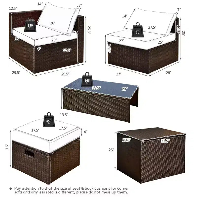 Costway Set Mobili da Esterno in Vimini 8 Pezzi con Contenitore Tavolo in Vetro Temperato 2 Pouf