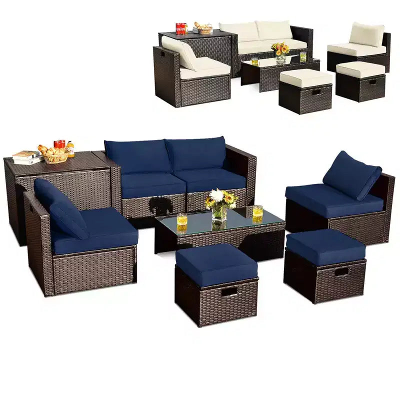 Costway Set Mobili da Esterno in Vimini 8 Pezzi con Contenitore Tavolo in Vetro Temperato 2 Pouf