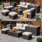 Costway Set Mobili da Esterno in Vimini 8 Pezzi con Contenitore Tavolo in Vetro Temperato 2 Pouf