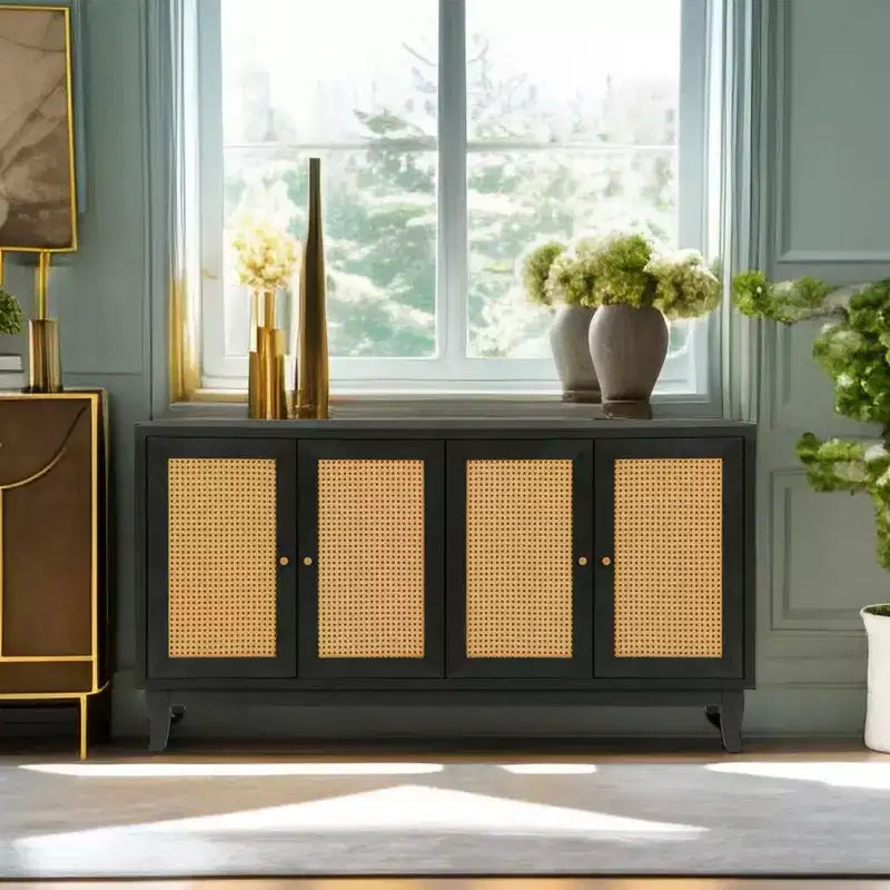 Madia in rattan, Mobile contenitore con ante in rattan, Credenza a buffet autoportante per ingresso, soggiorno, corridoio