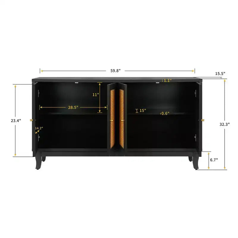 Madia in rattan, Mobile contenitore con ante in rattan, Credenza a buffet autoportante per ingresso, soggiorno, corridoio