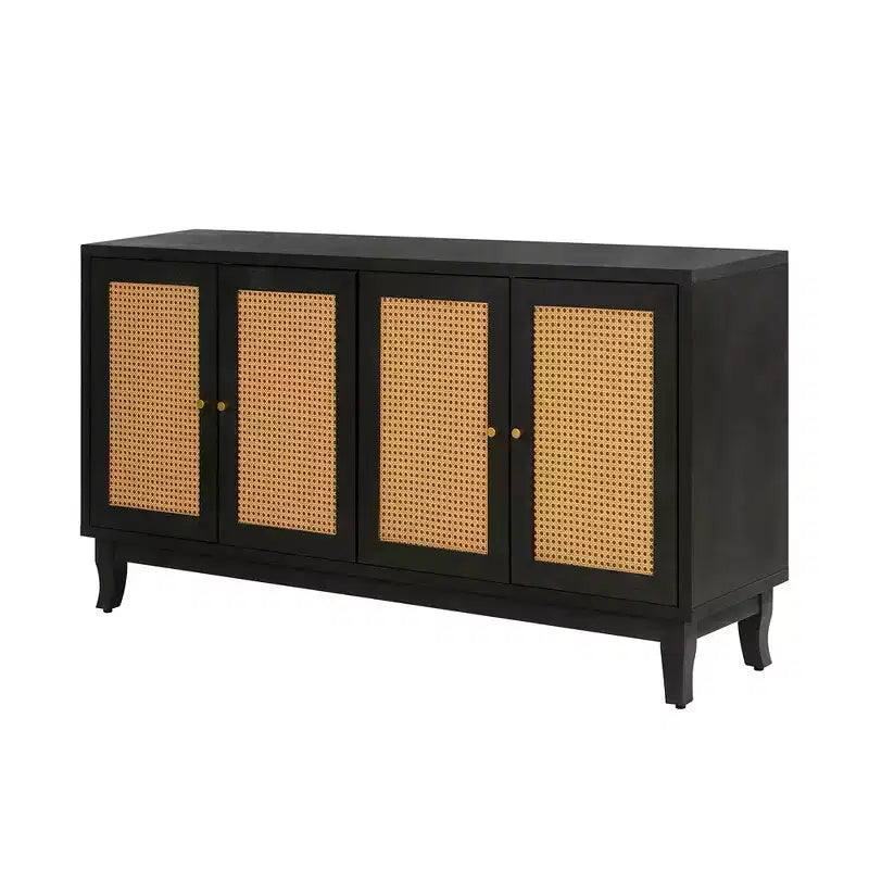 Madia in rattan, Mobile contenitore con ante in rattan, Credenza a buffet autoportante per ingresso, soggiorno, corridoio