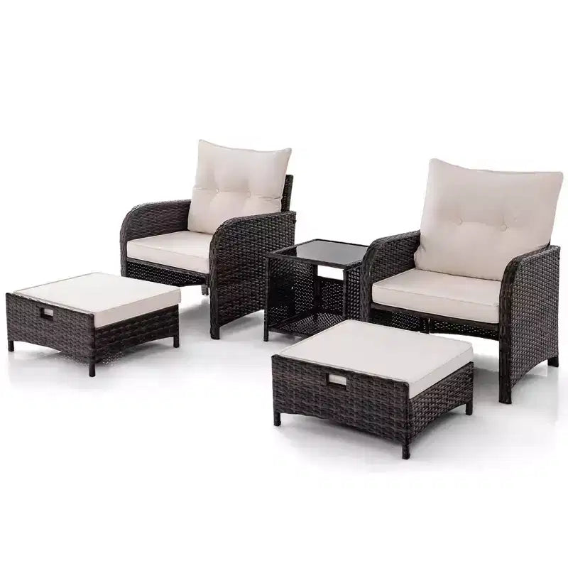 Set Salotto da Esterno 5 Pezzi Costway con 2 Sedie, 2 Pouf e 1 Tavolino da Caffè, Beige