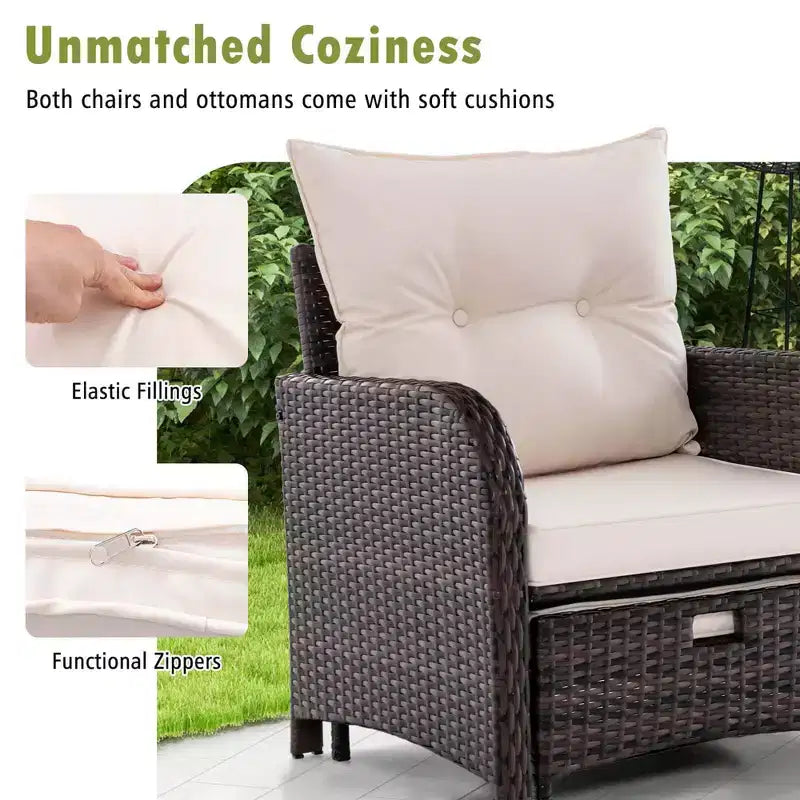 Set Salotto da Esterno 5 Pezzi Costway con 2 Sedie, 2 Pouf e 1 Tavolino da Caffè, Beige