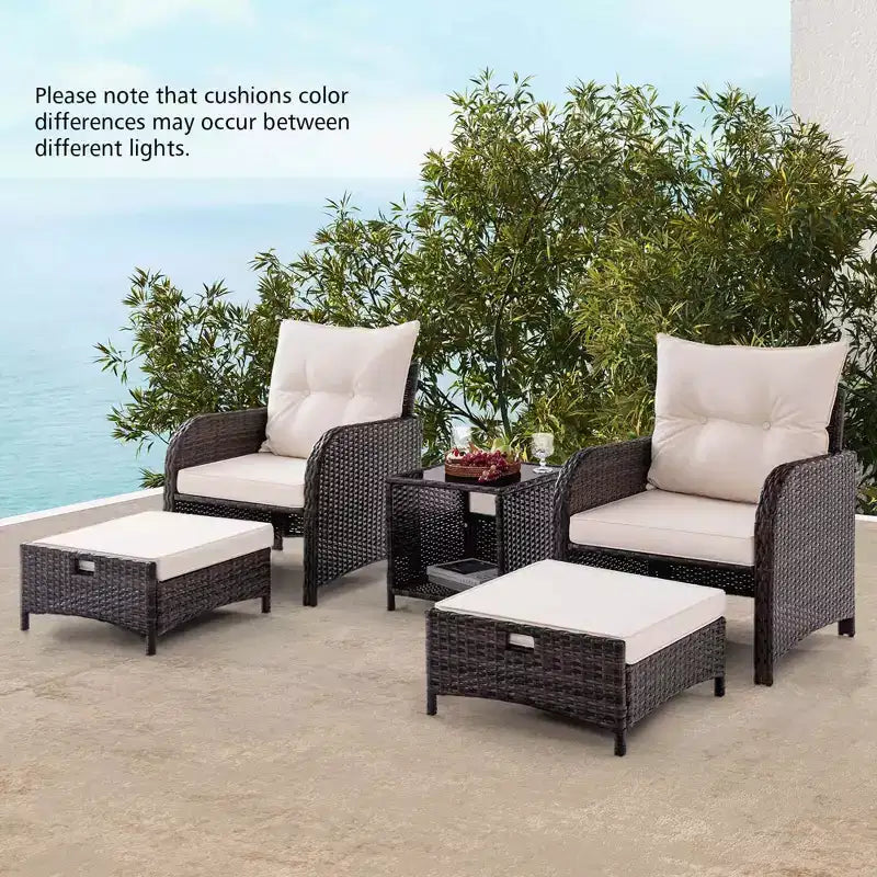 Set Salotto da Esterno 5 Pezzi Costway con 2 Sedie, 2 Pouf e 1 Tavolino da Caffè, Beige