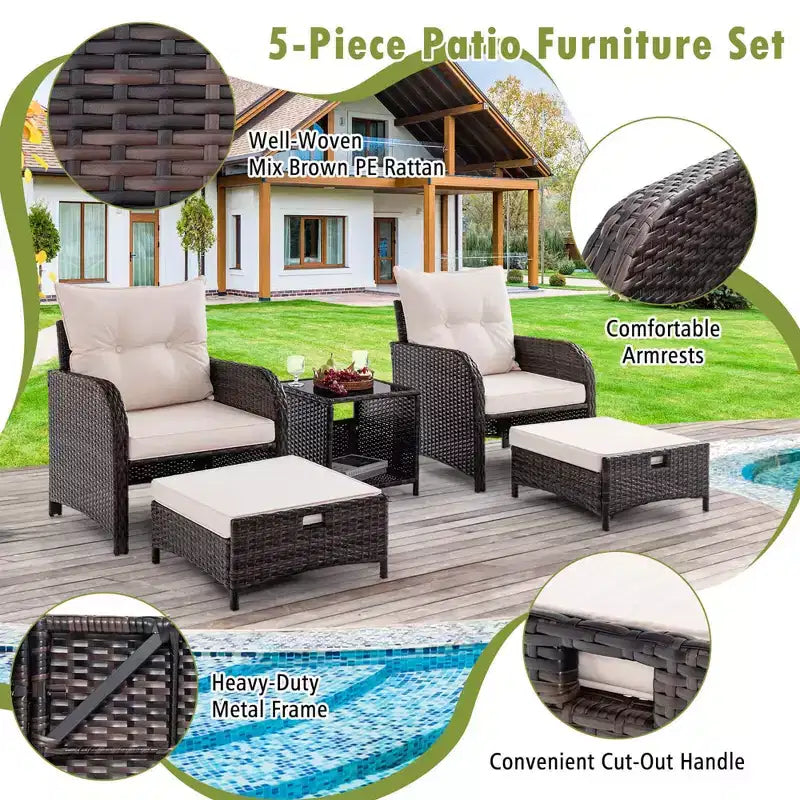 Set Salotto da Esterno 5 Pezzi Costway con 2 Sedie, 2 Pouf e 1 Tavolino da Caffè, Beige