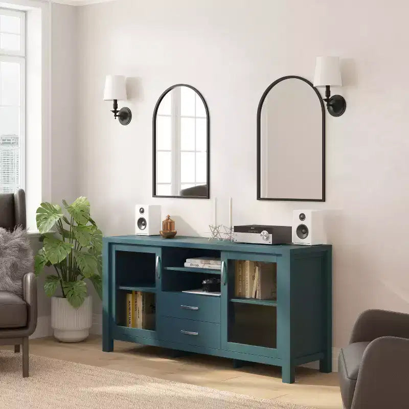 Flash Furniture Dion Mobile Contenitore Moderno per Cucina e Sala da Pranzo, Legno Ingegnerizzato con 2 Ante in Vetro Temperato, 2 Cassetti, Ripiano Aperto