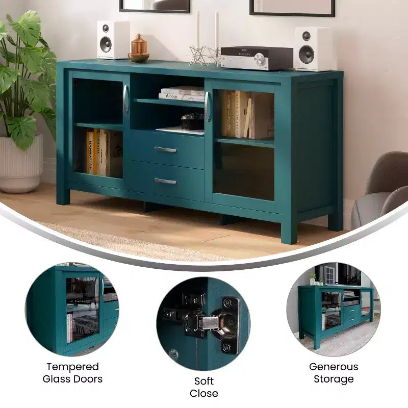 Flash Furniture Dion Mobile Contenitore Moderno per Cucina e Sala da Pranzo, Legno Ingegnerizzato con 2 Ante in Vetro Temperato, 2 Cassetti, Ripiano Aperto