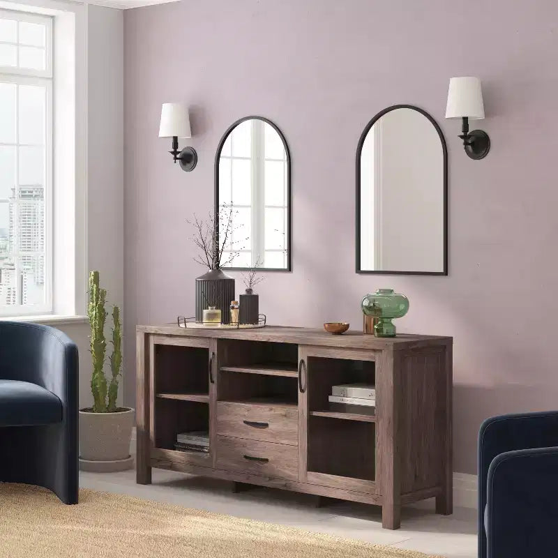 Emma and Oliver Madia/Credenza in Legno Ingegnerizzato per Cucina/Sala da Pranzo con Ripiano Aperto, 2 Cassetti e 2 Ante in Vetro Temperato