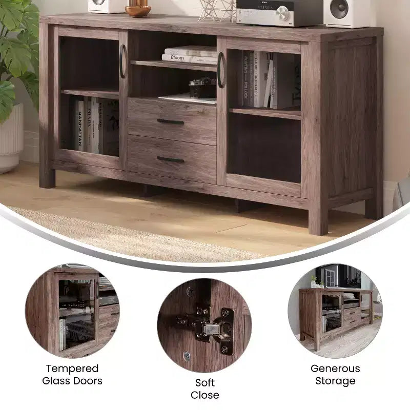 Emma and Oliver Madia/Credenza in Legno Ingegnerizzato per Cucina/Sala da Pranzo con Ripiano Aperto, 2 Cassetti e 2 Ante in Vetro Temperato