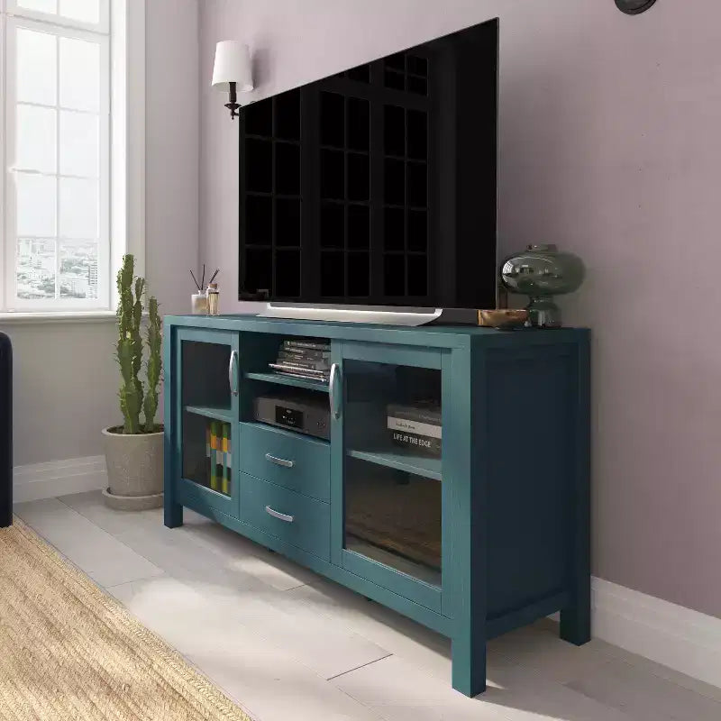 Emma and Oliver Engineered Wood Buffet Sideboard Storage Cabinet for Kitchen/Dining Room with Open Shelf, 2 Drawers, and 2 Tempered Glass Doors