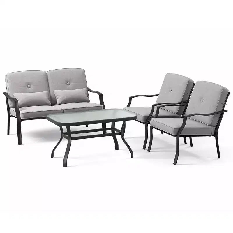 Set di mobili da giardino Costway 4 pezzi, divano da conversazione per esterni, tavolino da caffè in vetro temperato blu navy/grigio