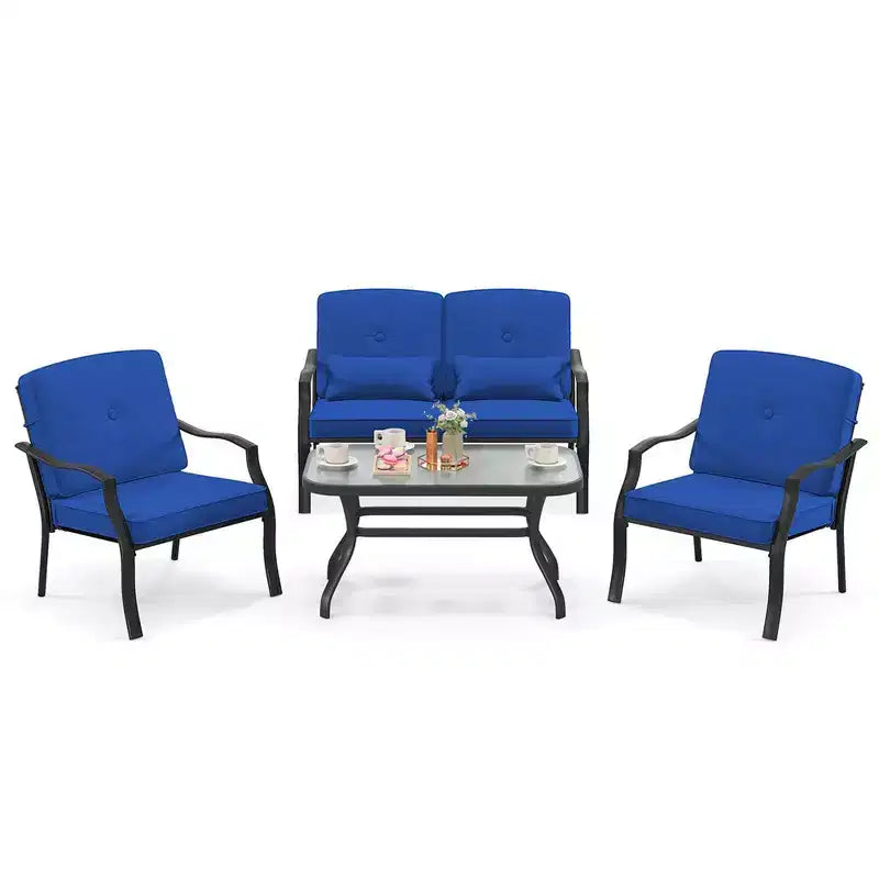 Set di mobili da giardino Costway 4 pezzi, divano da conversazione per esterni, tavolino da caffè in vetro temperato blu navy/grigio
