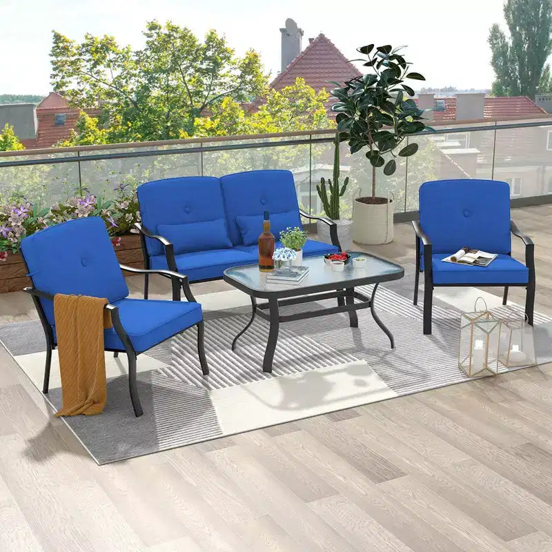 Set di mobili da giardino Costway 4 pezzi, divano da conversazione per esterni, tavolino da caffè in vetro temperato blu navy/grigio
