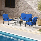 Set di mobili da giardino Costway 4 pezzi, divano da conversazione per esterni, tavolino da caffè in vetro temperato blu navy/grigio