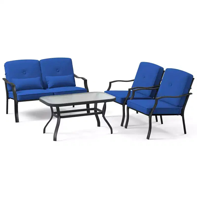 Set di mobili da giardino Costway 4 pezzi, divano da conversazione per esterni, tavolino da caffè in vetro temperato blu navy/grigio