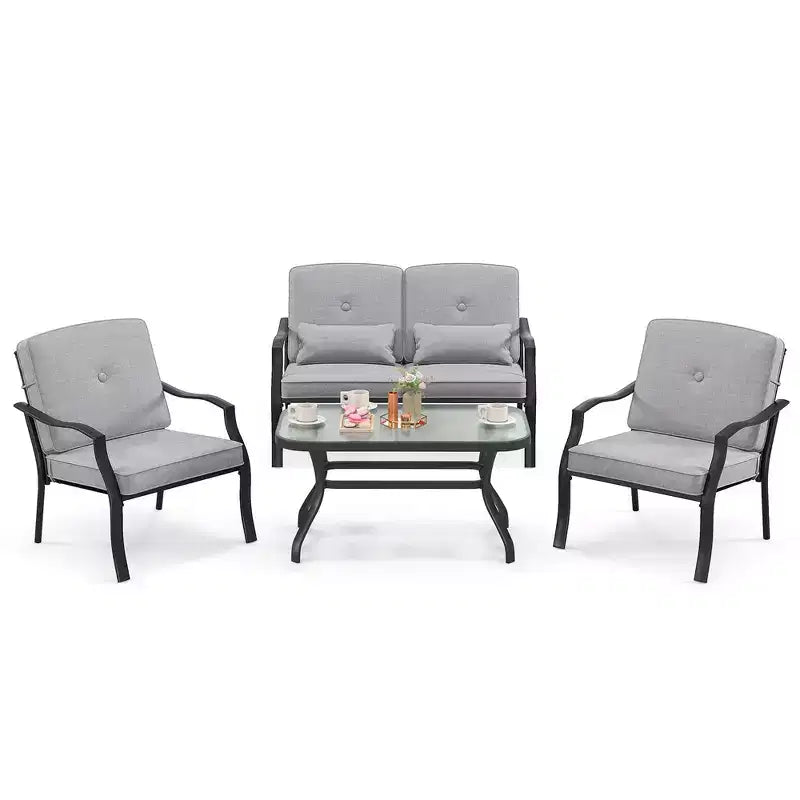 Set di mobili da giardino Costway 4 pezzi, divano da conversazione per esterni, tavolino da caffè in vetro temperato blu navy/grigio