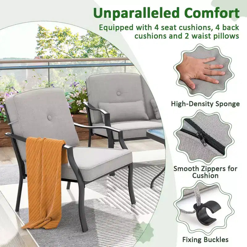 Set di mobili da giardino Costway 4 pezzi, divano da conversazione per esterni, tavolino da caffè in vetro temperato blu navy/grigio