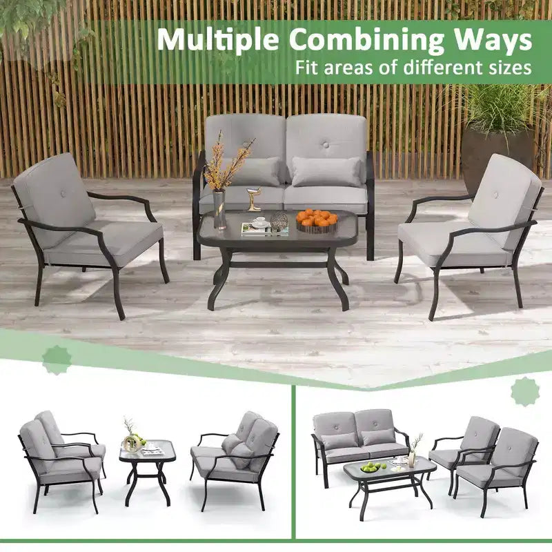 Set di mobili da giardino Costway 4 pezzi, divano da conversazione per esterni, tavolino da caffè in vetro temperato blu navy/grigio