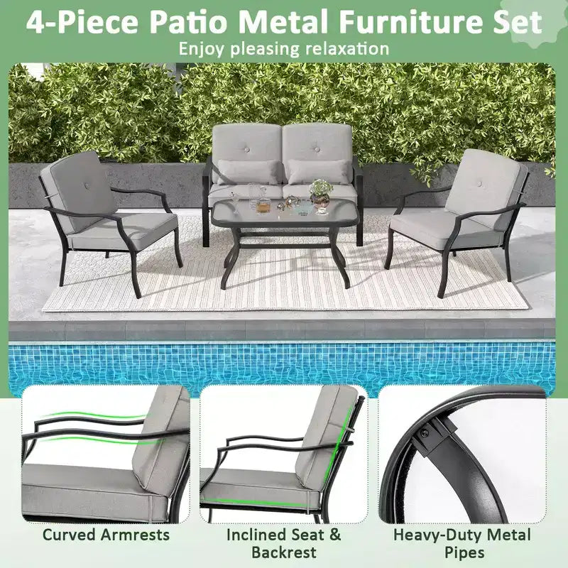 Set di mobili da giardino Costway 4 pezzi, divano da conversazione per esterni, tavolino da caffè in vetro temperato blu navy/grigio